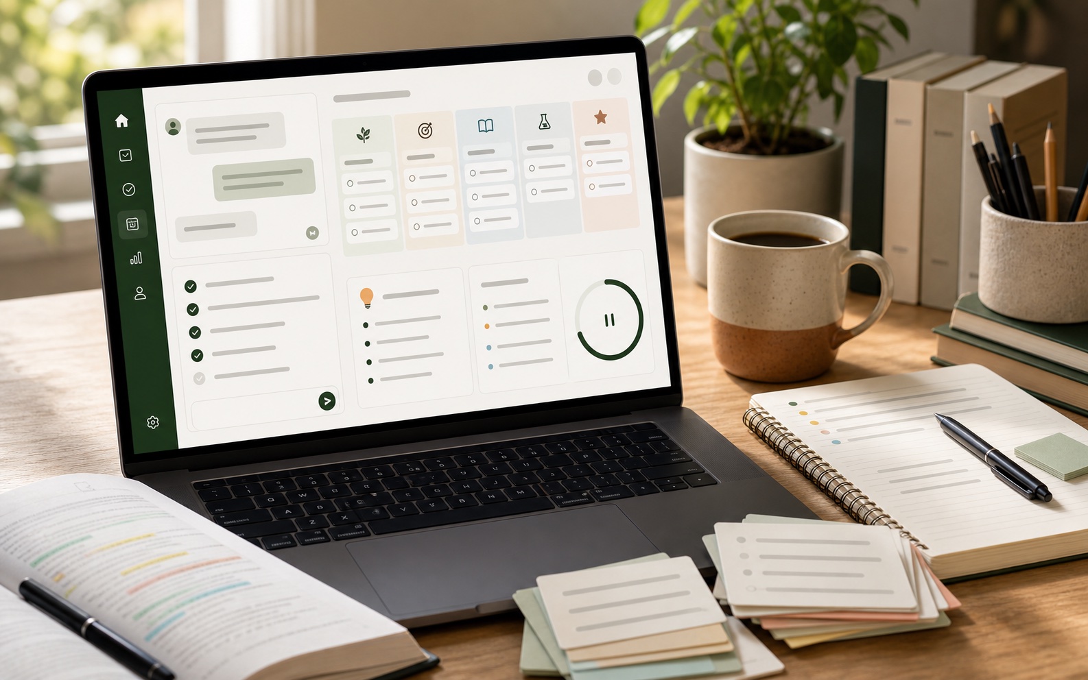 Study planning workspace with a laptop showing an assistant panel, checklist, weekly plan blocks, and a focus timer